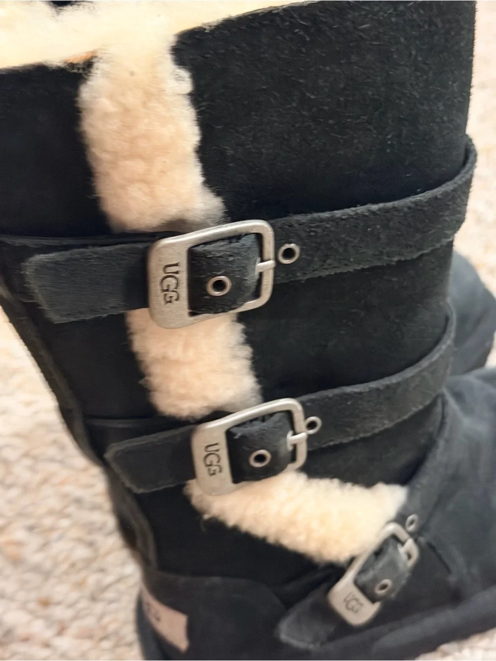 UGG Maddi Tall Black Suede Shearling Buckle Boots Kids Size 13